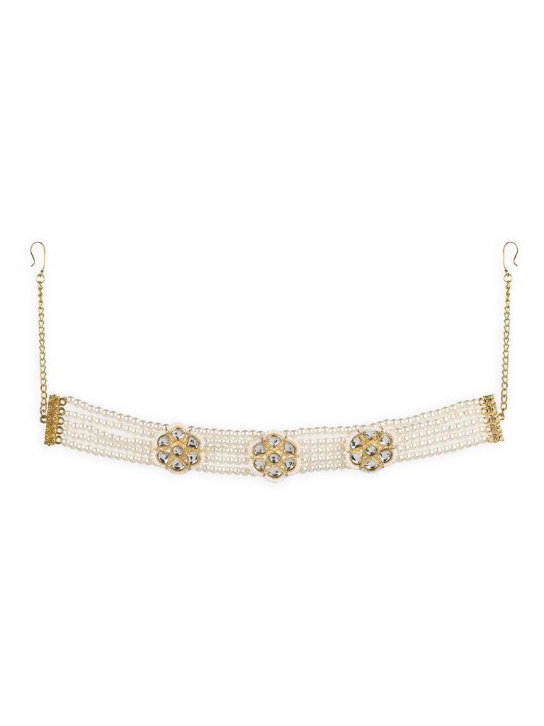 Flower Gold Plated Kundan Headband With Pearls : RRJULY22-87