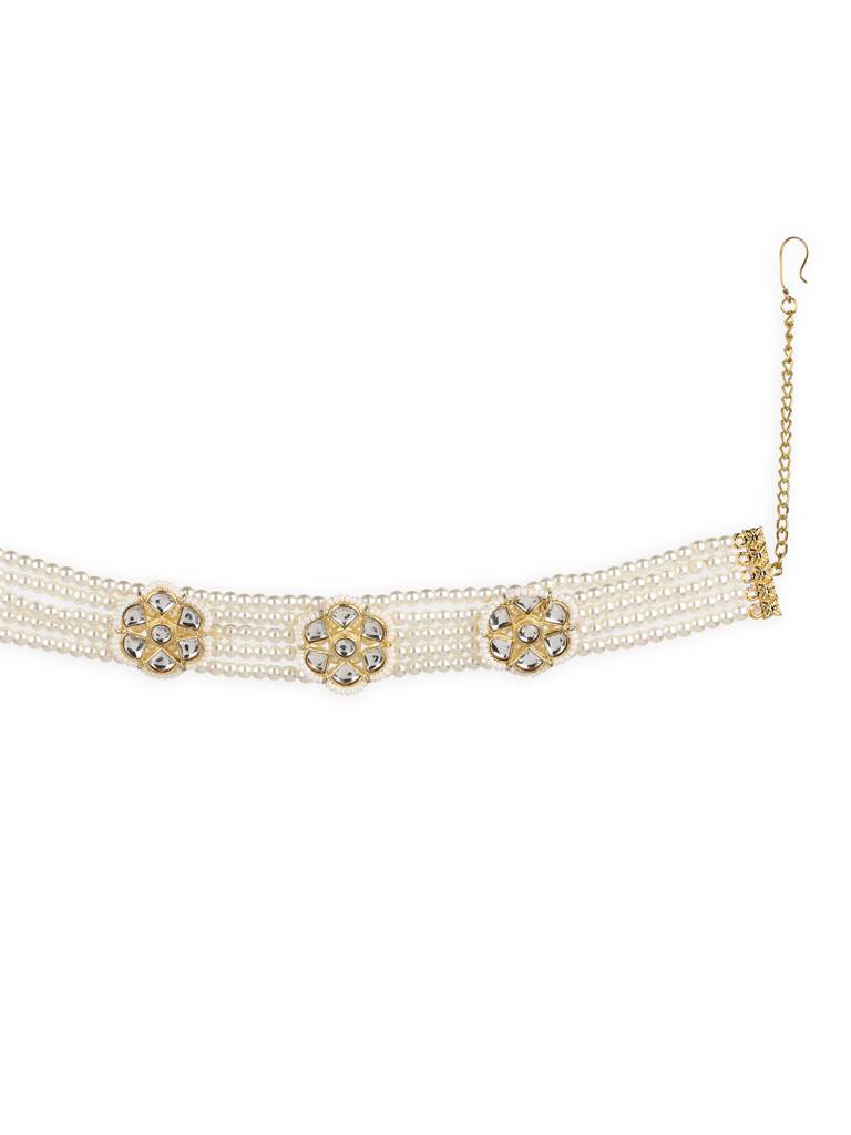Flower Gold Plated Kundan Headband With Pearls : RRJULY22-87