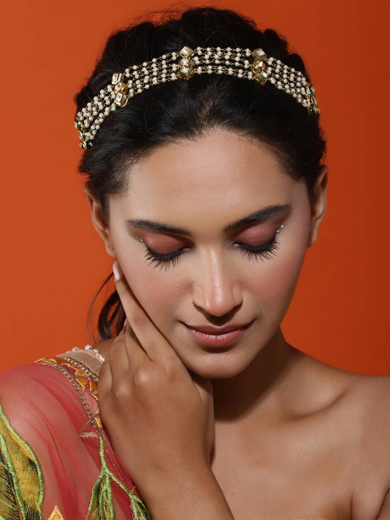 Layered Gold Plated Kundan Headband With Pearls : RRJULY22-89