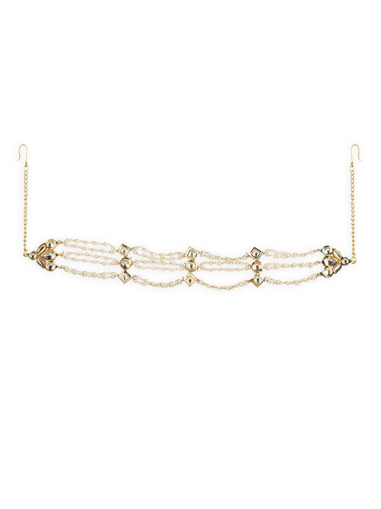 Layered Gold Plated Kundan Headband With Pearls : RRJULY22-89