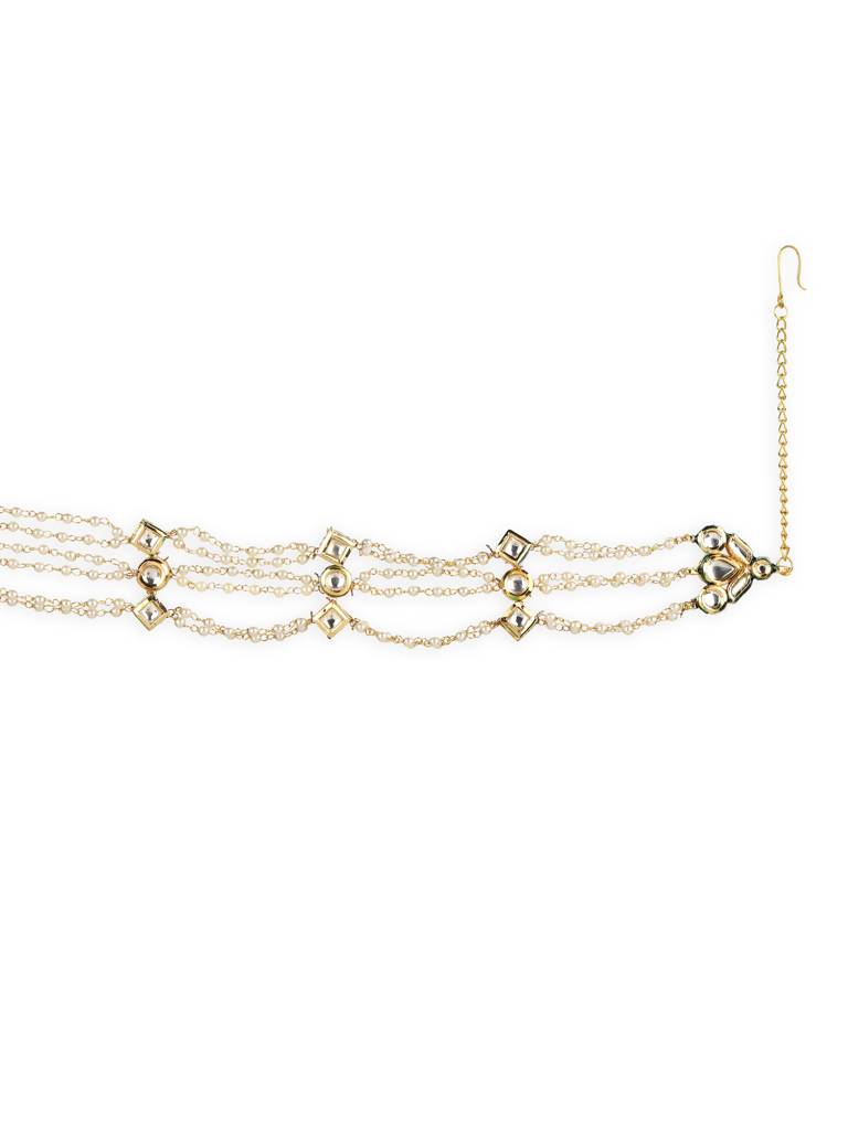 Layered Gold Plated Kundan Headband With Pearls : RRJULY22-89