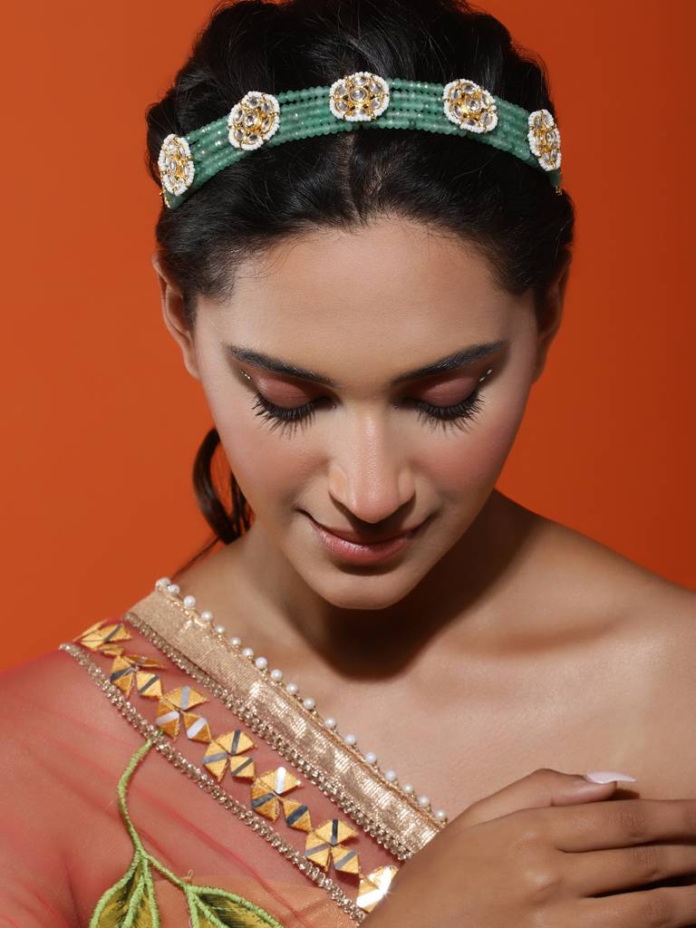 Green Gold Plated Kundan Headband : RRJULY22-90