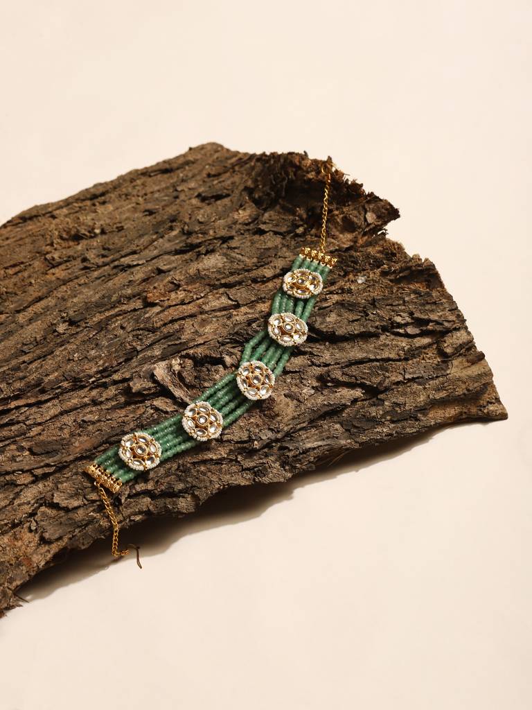 Green Gold Plated Kundan Headband : RRJULY22-90