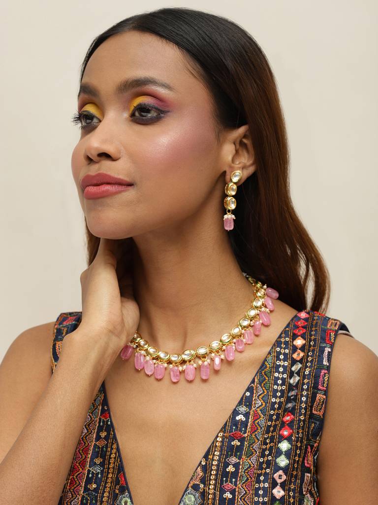 Pink And Pearl Kundan Choker With Earrings : RRMAY22-6