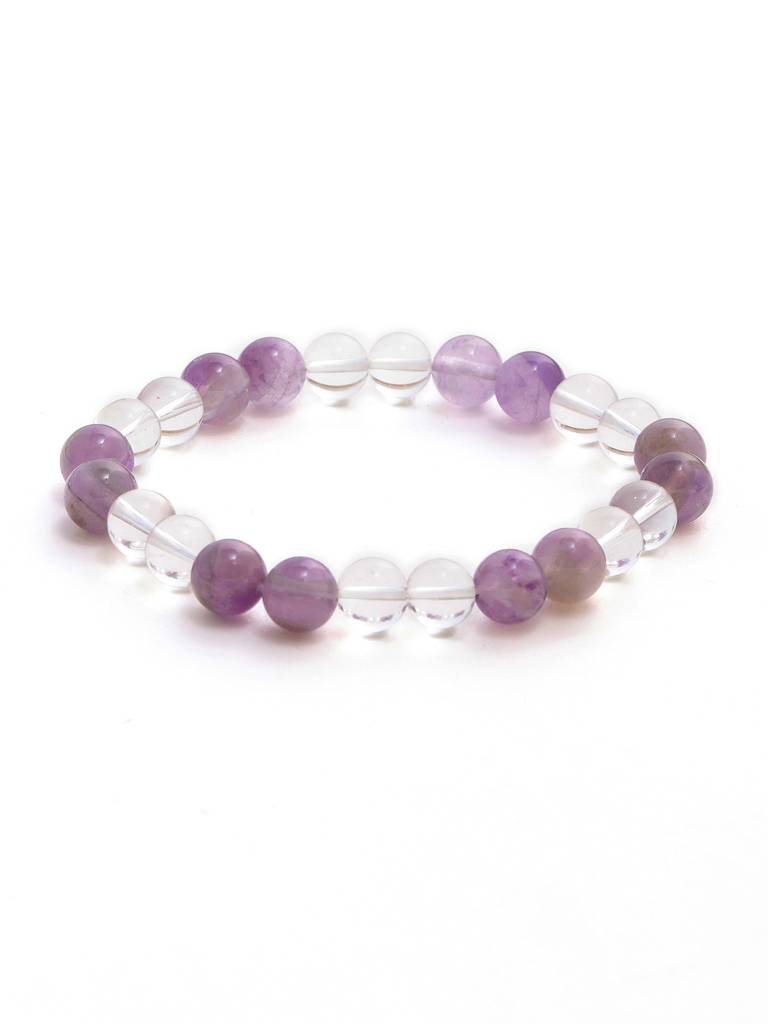 Clear Quartz And Amethyst White And Grey Beads Elastic Bracelet : RRMAYDC25-96
