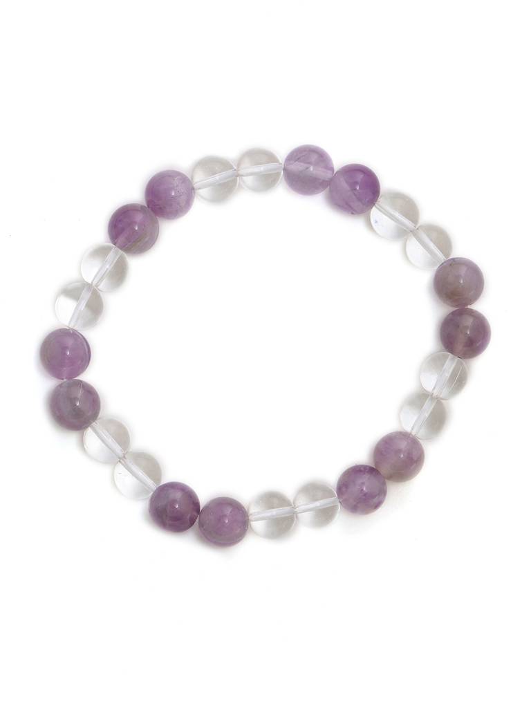 Clear Quartz And Amethyst White And Grey Beads Elastic Bracelet : RRMAYDC25-96