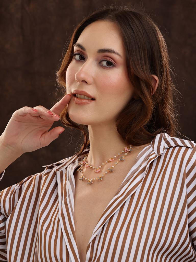 Beaded Pearl Necklace With Grey And Pink Colourful Motifs By Ruby Raang : RRMAYIN25-44