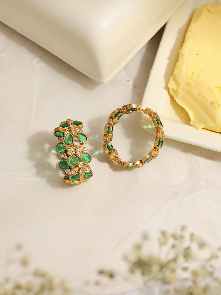 Ruby Raang Women'S Natural Green Stone With Moissanite Diamond Earrings : RRMAYJJ25-11