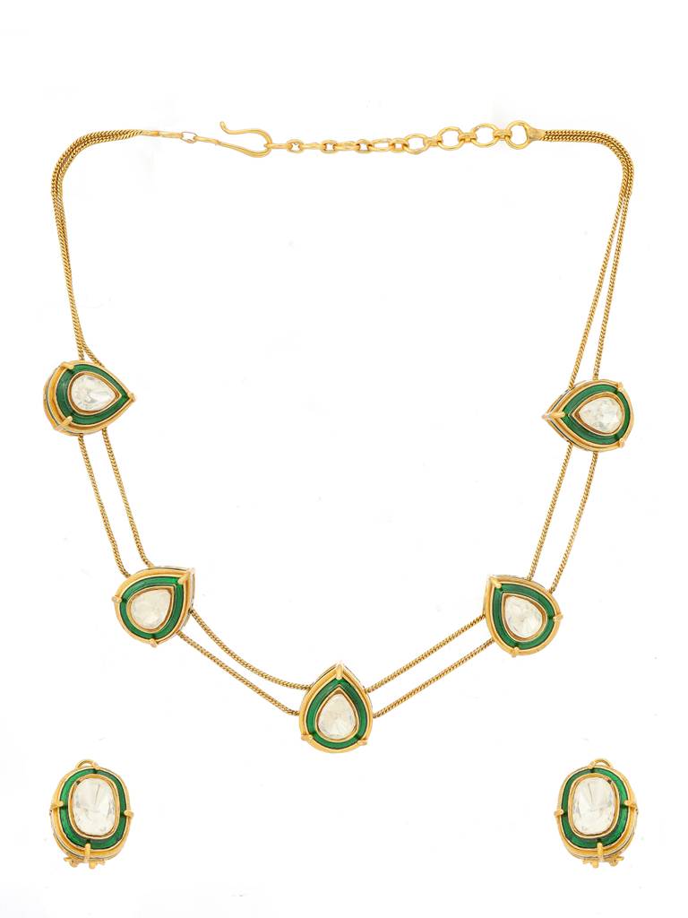 Ruby Raang Green Meenakari Antique Finish Earrings And Drop Necklace Set : RRMAYJJ25-28
