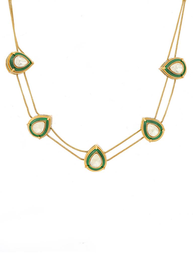 Ruby Raang Green Meenakari Antique Finish Earrings And Drop Necklace Set : RRMAYJJ25-28