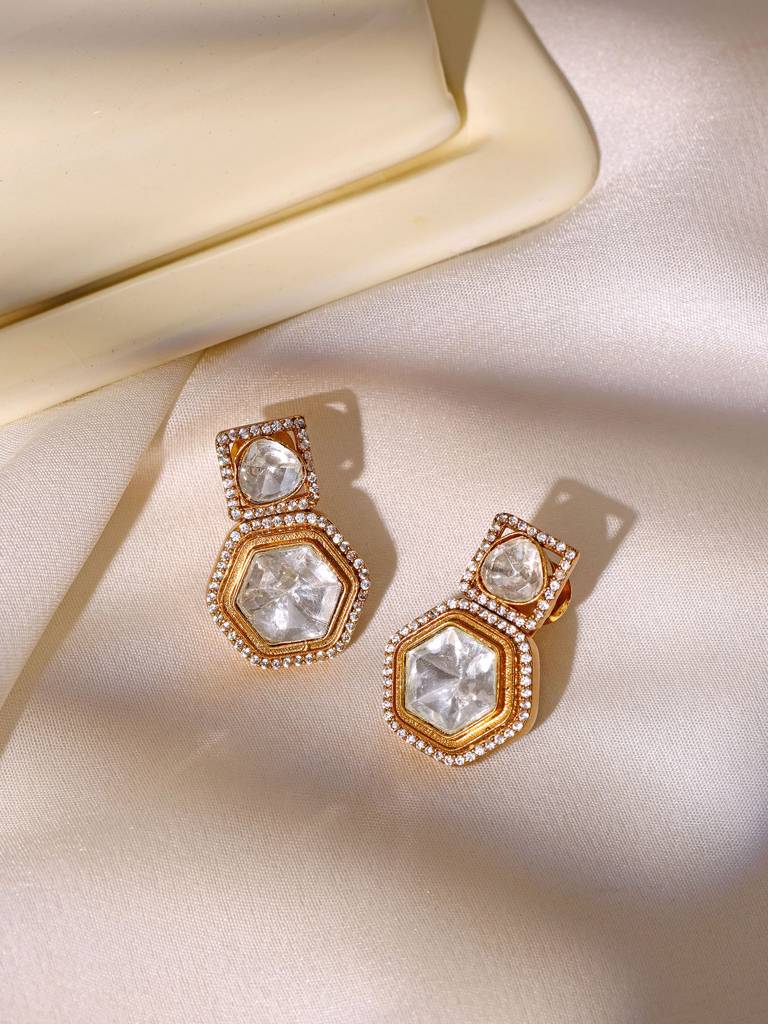 Ruby Raang Square Kundan Earrings With Hexagon Drop : RRMAYJJ25-5
