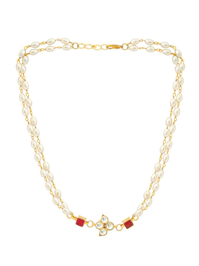 White And Red Beaded Gold Plated Flower Kundan Necklace By Ruby Raang : RRMAYJM25-41
