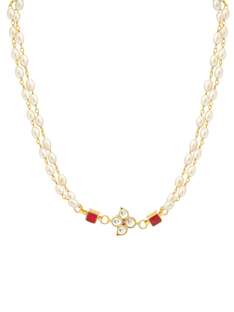 White And Red Beaded Gold Plated Flower Kundan Necklace By Ruby Raang : RRMAYJM25-41