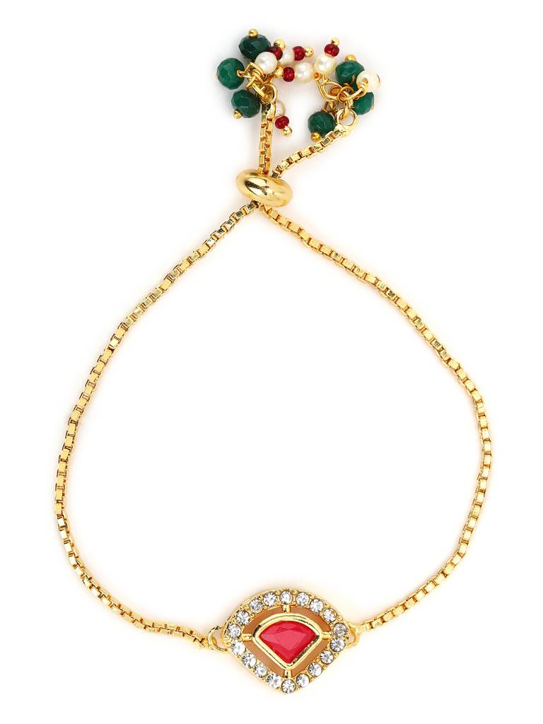 Gold-Plated & Pink Kundan Studded Brass Charm Bracelet : RRMJ22-30
