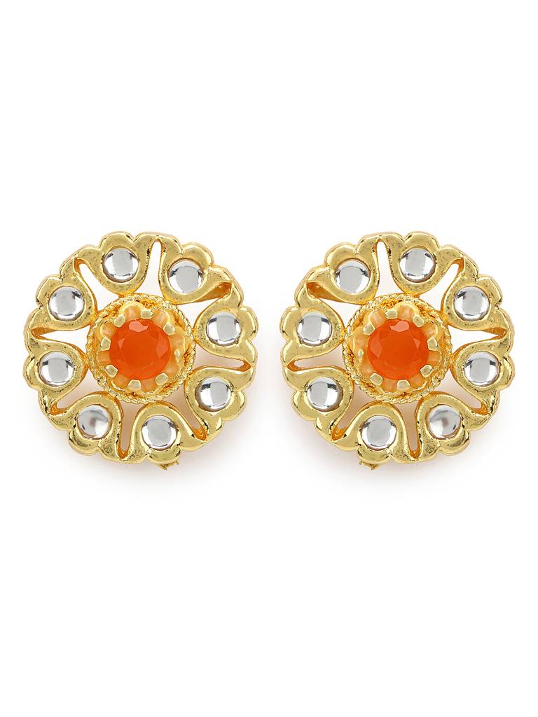 Orange Gold Floral Shaped Kundan Studs : RRMJ22-64