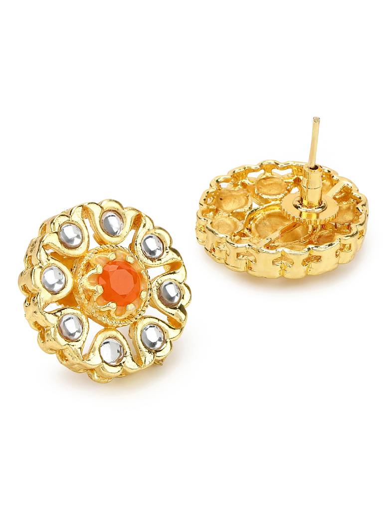 Orange Gold Floral Shaped Kundan Studs : RRMJ22-64