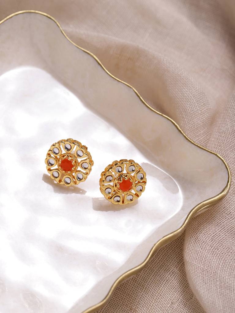 Orange Gold Floral Shaped Kundan Studs : RRMJ22-64