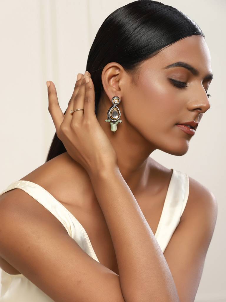 Light Green Black Kundan Earrings : RRMJ22-68