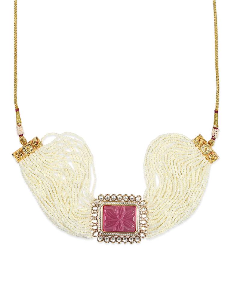 Beaded Sqaure Pink Kundan Neckpiece : RRMJ22-90