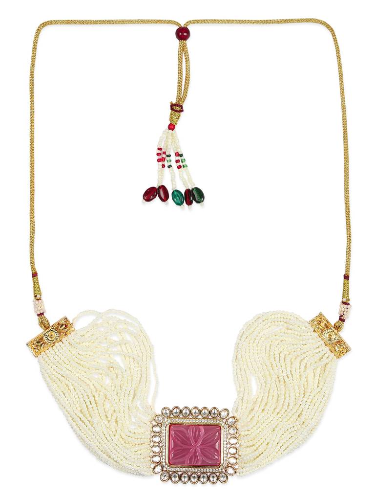 Beaded Sqaure Pink Kundan Neckpiece : RRMJ22-90
