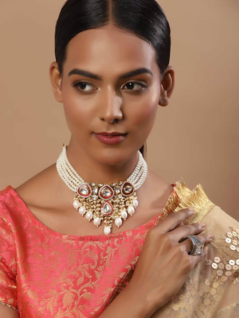 White Pearl And Red Meenakari Kundan Neckpiece : RRMJ22-96