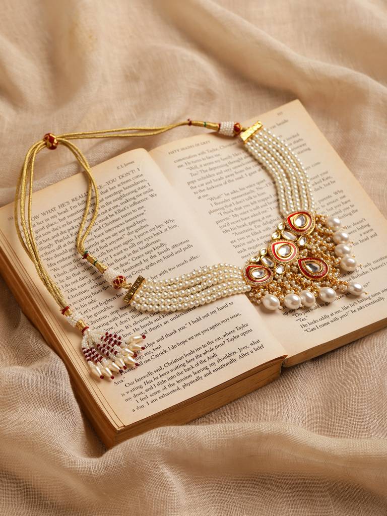 White Pearl And Red Meenakari Kundan Neckpiece : RRMJ22-96