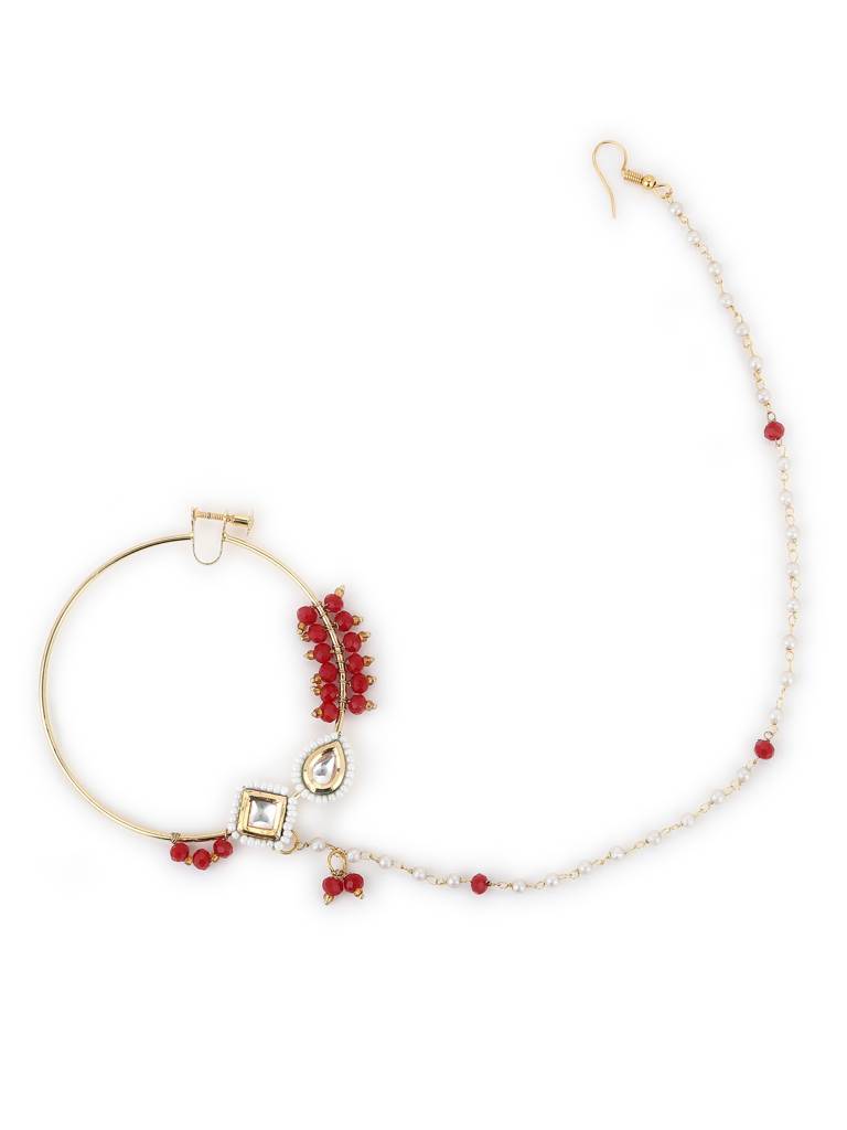 Red Stone And White Kundan Beaded Nose Ring : RROCT22-12