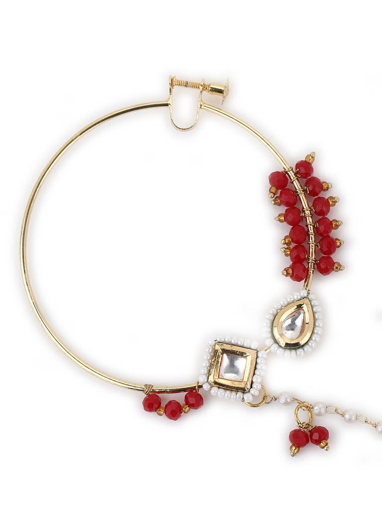 Red Stone And White Kundan Beaded Nose Ring : RROCT22-12