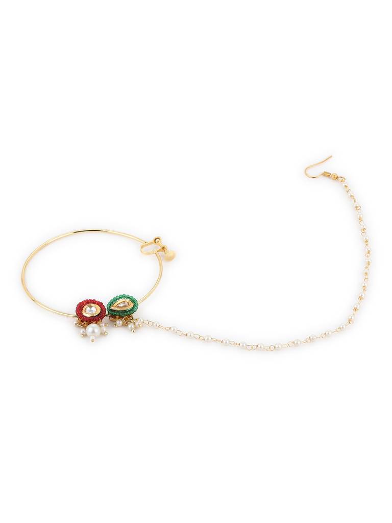 Green & Red Stone Kundan Beaded Nose Ring : RROCT22-14