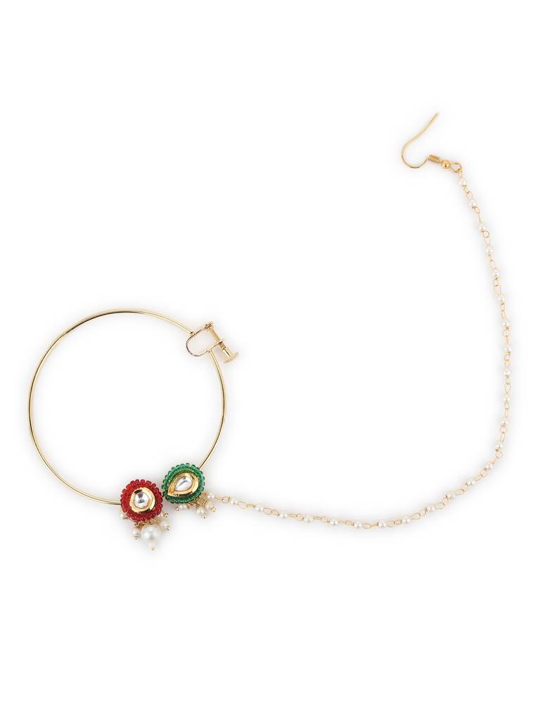 Green & Red Stone Kundan Beaded Nose Ring : RROCT22-14
