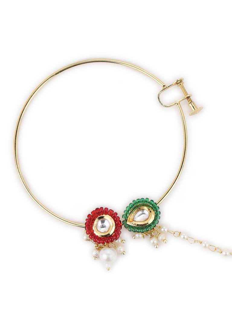 Green & Red Stone Kundan Beaded Nose Ring : RROCT22-14