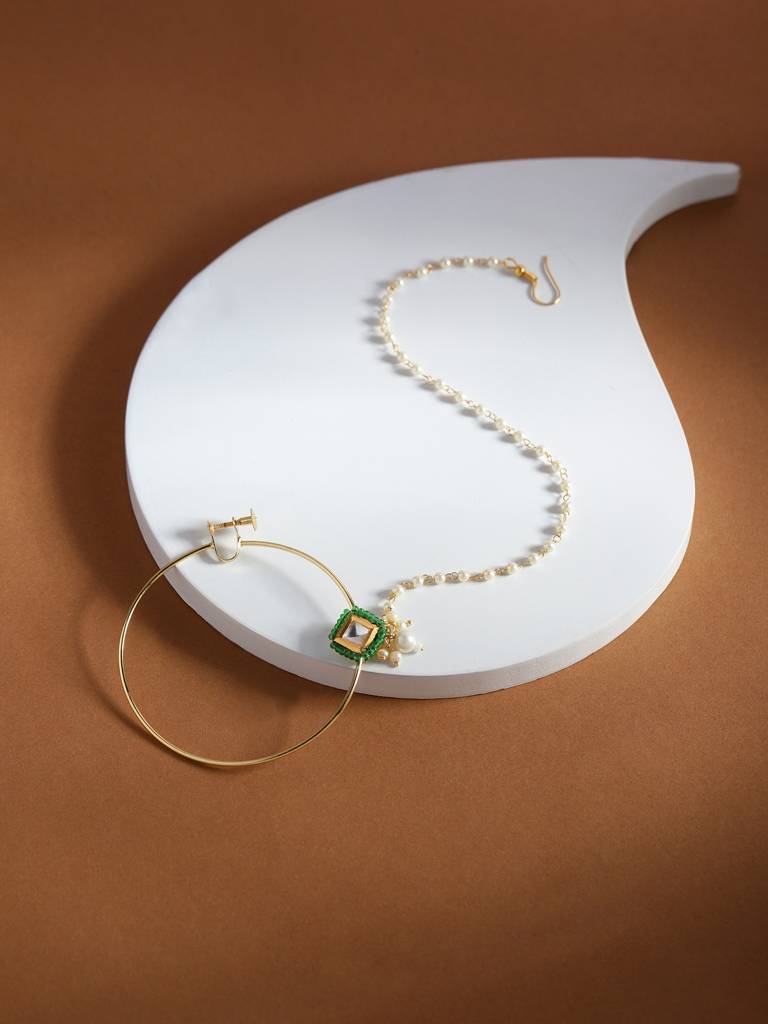 Green Bead And Kundan Beaded Nose Ring : RROCT22-15