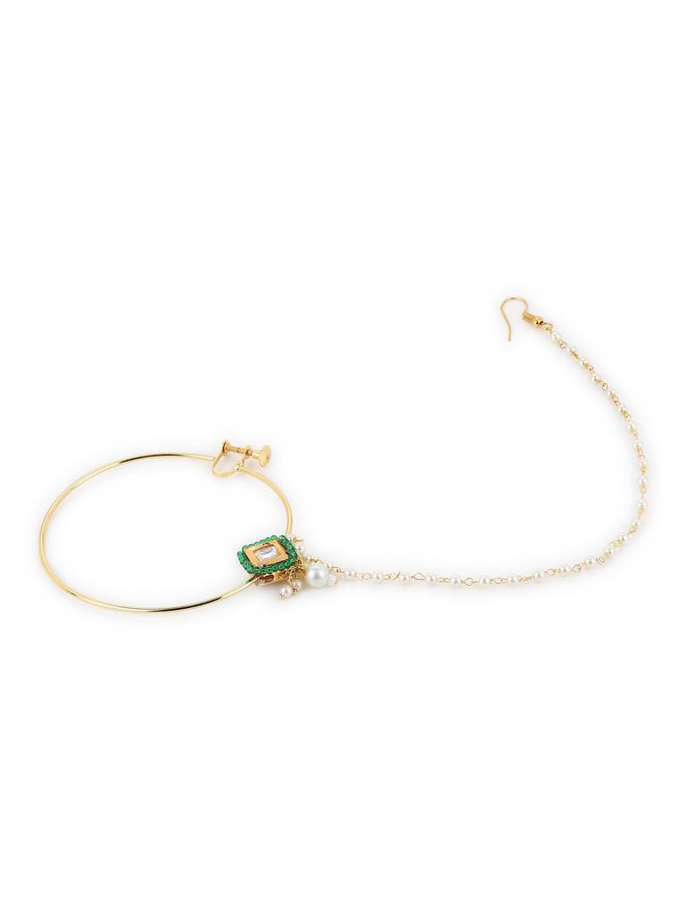 Green Bead And Kundan Beaded Nose Ring : RROCT22-15
