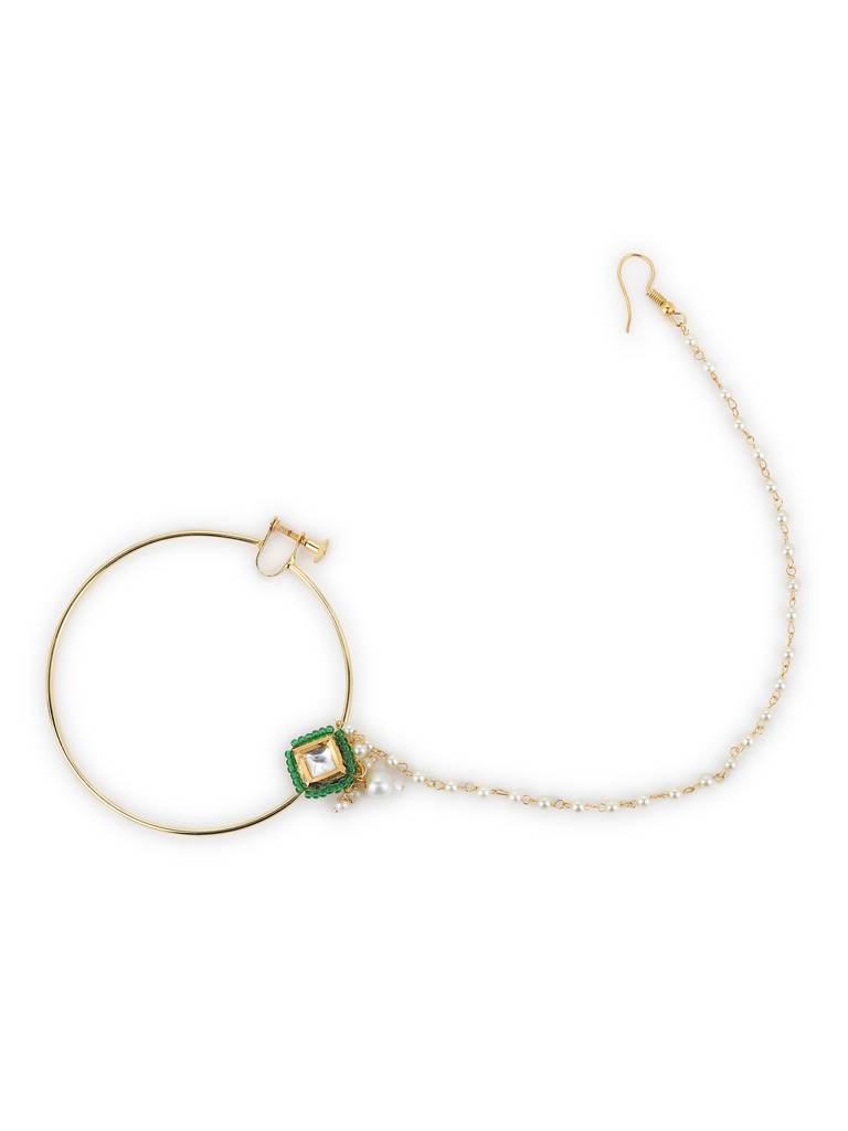 Green Bead And Kundan Beaded Nose Ring : RROCT22-15