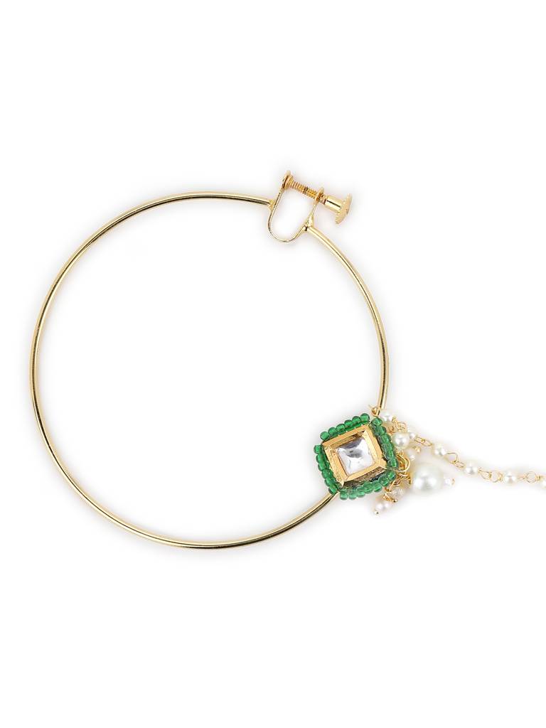 Green Bead And Kundan Beaded Nose Ring : RROCT22-15