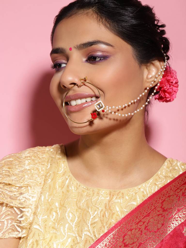 Kundan Beaded Nose Ring With Double Chain : RROCT22-18