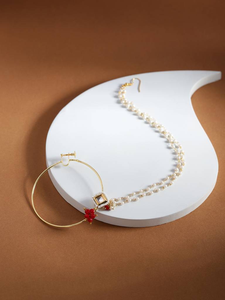 Kundan Beaded Nose Ring With Double Chain : RROCT22-18