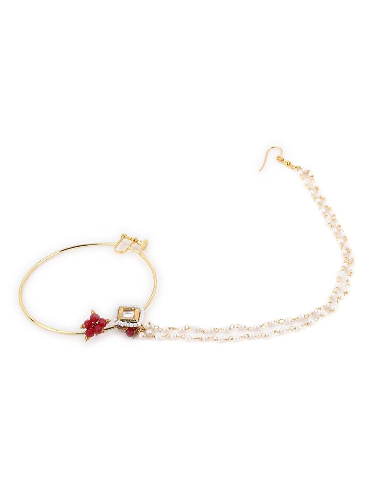 Kundan Beaded Nose Ring With Double Chain : RROCT22-18