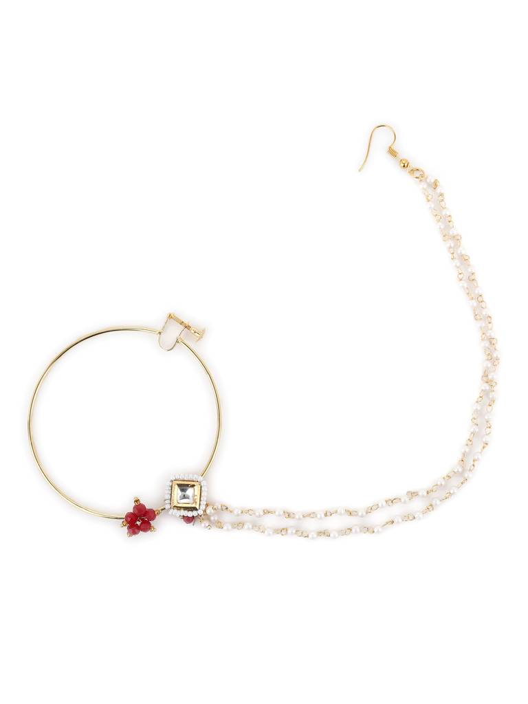 Kundan Beaded Nose Ring With Double Chain : RROCT22-18
