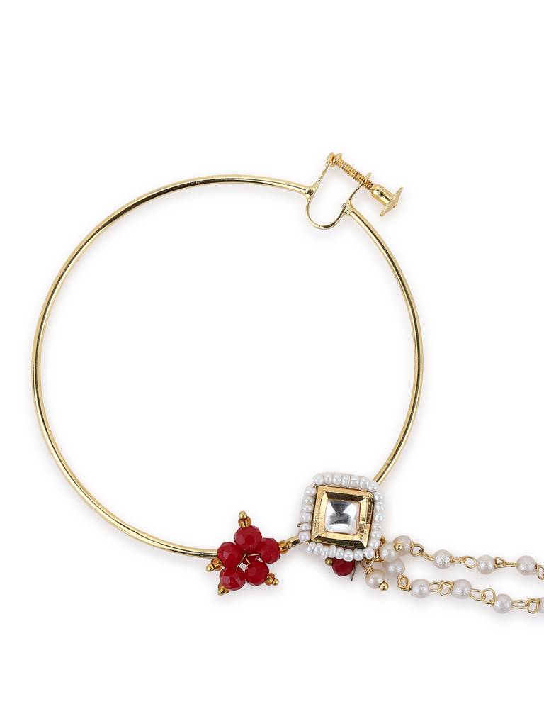 Kundan Beaded Nose Ring With Double Chain : RROCT22-18