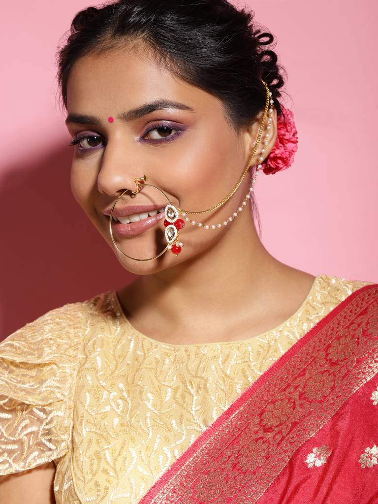 Teardrop Beaded Nose Ring With Double Chain : RROCT22-19