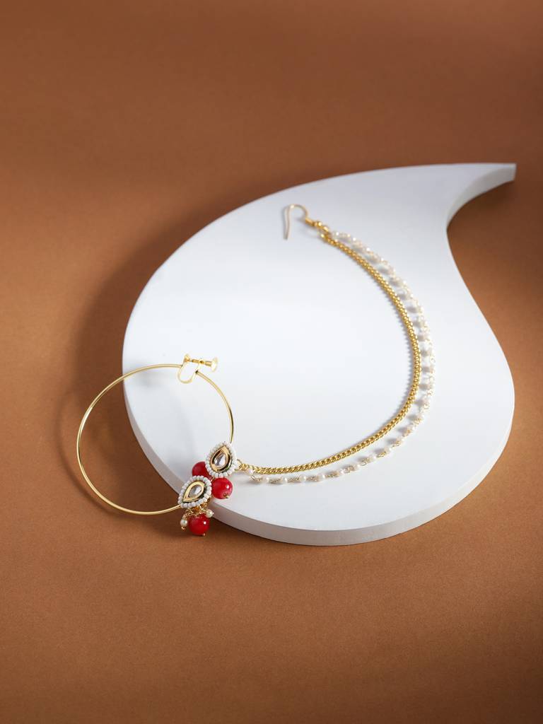 Teardrop Beaded Nose Ring With Double Chain : RROCT22-19