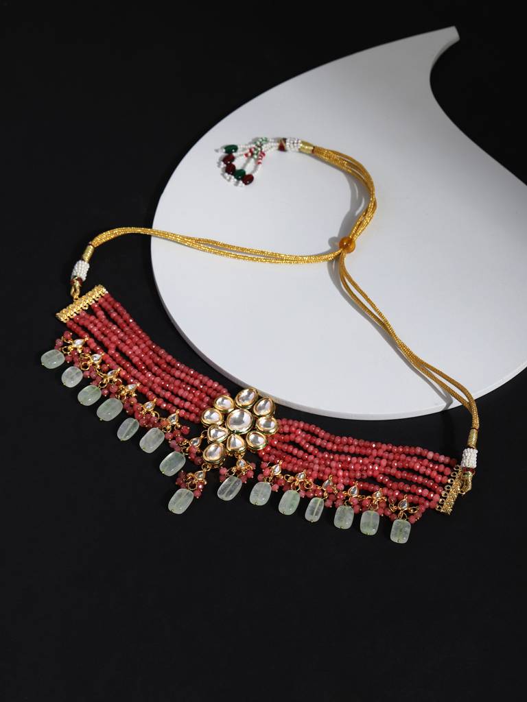 Peach And Mint Green Layered Kundan Neckpiece : RROCT22-26