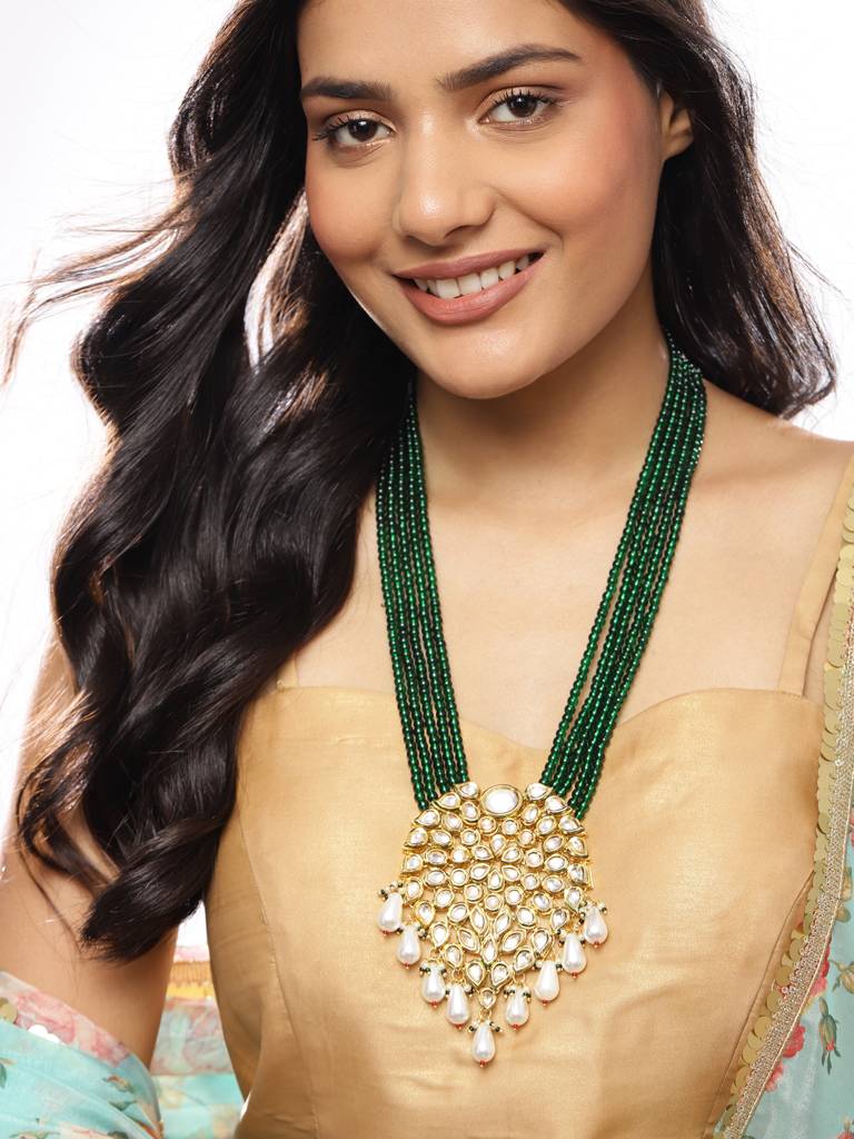 Dark Green And Pearl Drop Stone Kundan Neckpiece : RROCT22-33
