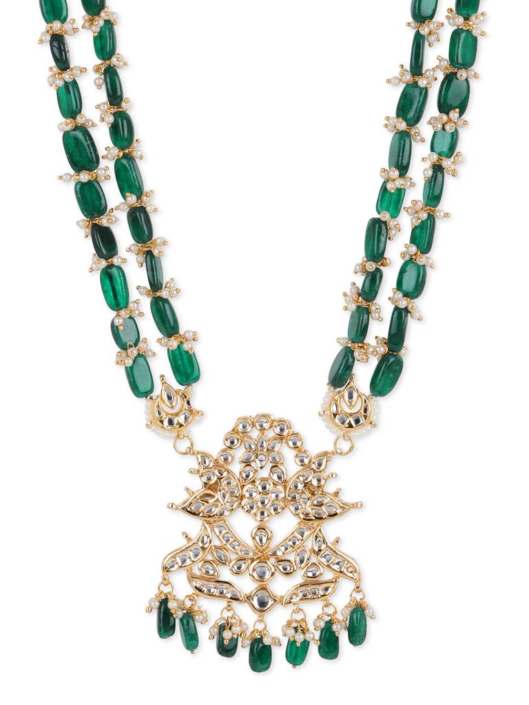 Long Green Beaded Kundan Neckpiece : RROCT22-38