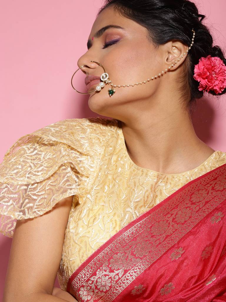 Emerald Drop & Pearl Beaded Nose Ring : RROCT22-3
