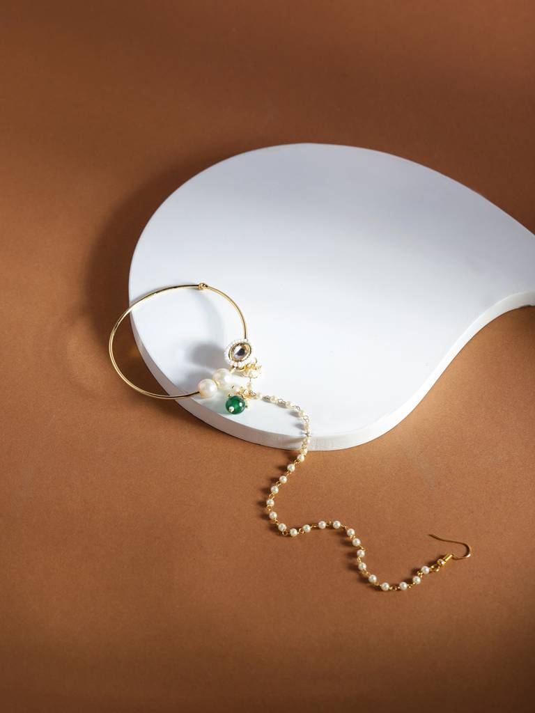 Emerald Drop & Pearl Beaded Nose Ring : RROCT22-3