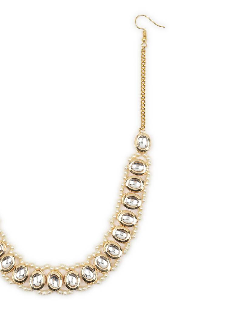 Kundan & Pearl Beaded Hair Band With Gold Chain : RROCT22-45