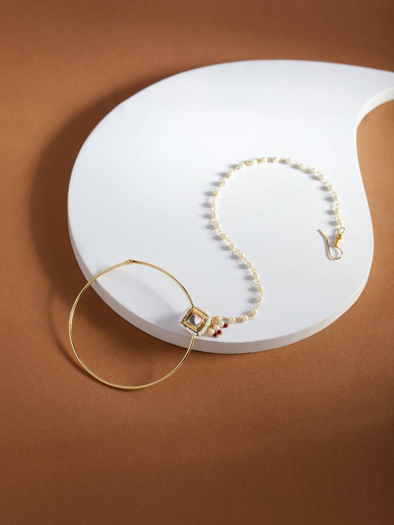Kundan And Pearl Beaded Nose Ring : RROCT22-5