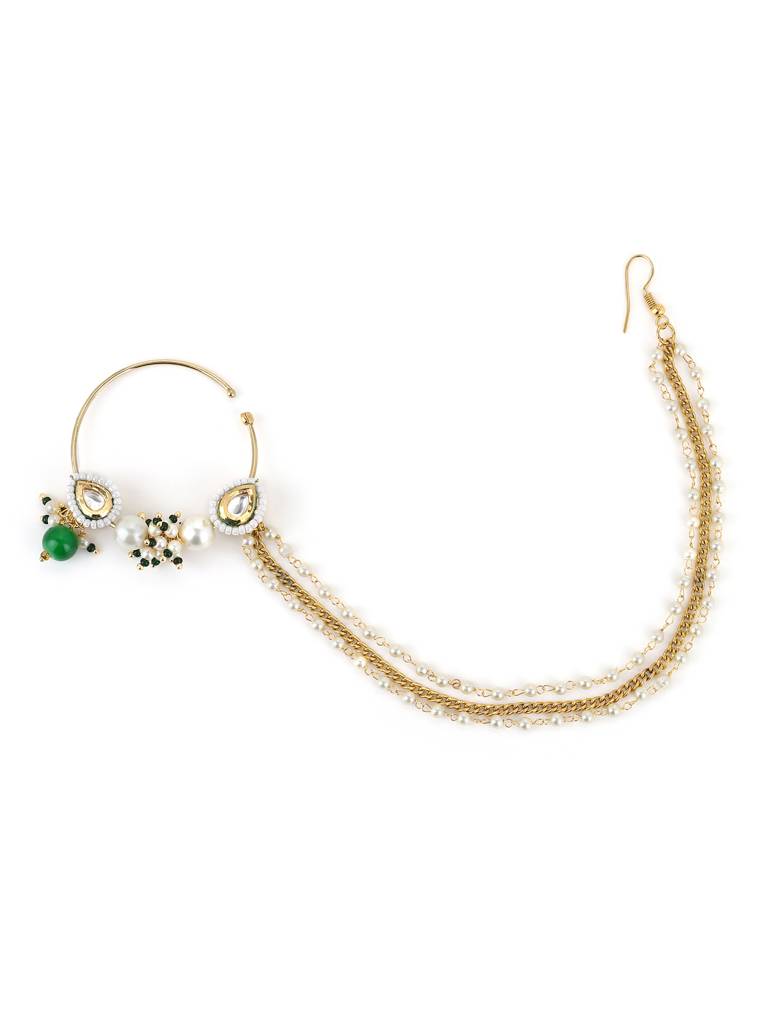 Kundan & Pearl Nose Ring With 3 Strands : RROCT22-74